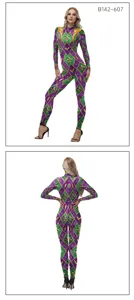 Mardi Gras purple green gold argyle pattern jumpsuit costume for women carnival party performance.