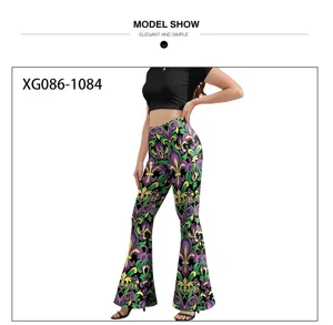 Pantalon evase taille haute pour femme avec imprime lys 3d coupe slim elastique decontracte