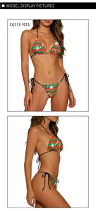 Christmas print bikini detail featuring halter neck, triangle top, and side tie bottoms.