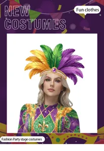 Mardi Gras carnaval veren hoofddeksel stage performance kostuum paars groen goud