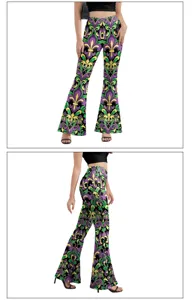 Pantalon Évasé Imprimé 3D Motif Lys Carnaval Femme Taille Haute Coupe Slim Élastique Détails