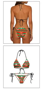 Christmas pattern halter bikini set, red and green striped two-piece swimwear for women.