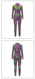 Mardi Gras purple green gold diamond print long sleeve jumpsuit festival performance costume