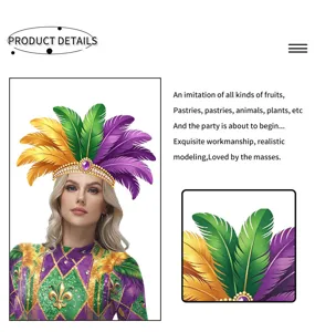 Carnaval veren hoofddeksel en kostuum detail met paars groen gouden pailletten voor feestshow.