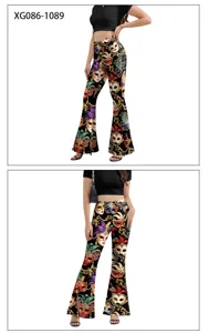 Women high waist flare pants carnival mask baroque digital print stretch slim trousers