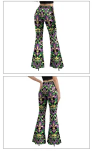 Pantalon évasé imprimé lys festival femme, taille haute slim extensible confortable.
