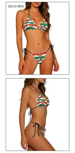 Christmas print bikini detail, halter neck strap triangle swimsuit view showing pattern close up
