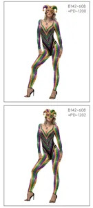 Mardi Gras carnival jumpsuit costume set with mask and necklace for women performance party.