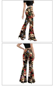 Carnival mask print high-waisted flare pants, slim fit stretchy party trousers for women.