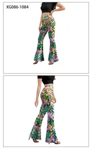 Pantalon flare taille haute à imprimé numérique 3D avec chaîne de taille élégante pour femmes.