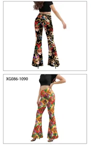 Carnival mask print high waist flare pants women fashion stretch slim trousers detail view