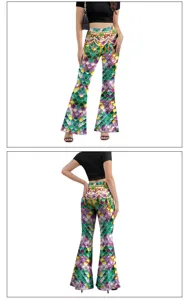 Pantalon flare femme taille haute impression 3D numérique motif écailles florales.