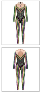Mardi Gras purple green gold rhinestone print long sleeve jumpsuit festival costume