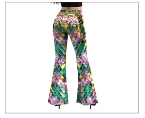 Vue détaillée de pantalon évasé femme taille haute avec imprimé 3D et ceinture bijou.
