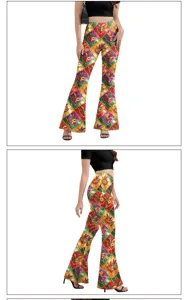 Detail view of the Mardi Gras mask printed high waist flare pants, showing vibrant patterns.