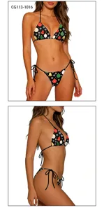 Christmas snowflake printed bikini set for women, halter neck tie-side two piece swimsuit.