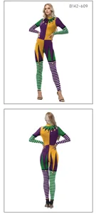 Mardi Gras jester jumpsuit with purple, green and gold diamond and stripe print for party.