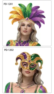 Mardi Gras veren hoofdband en jester masker set in paars groen goud met sprankelende strass.