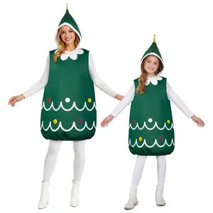 Grappige Kerstboom Jumpsuit Ouder-Kind Feestkostuum Polyester Vakantie Cosplay Pak Voor Volwassenen Kinderen