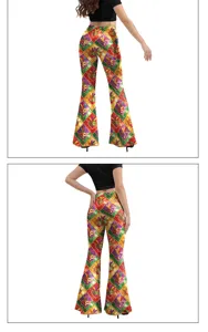 Mardi Gras mask print flare pants detail view, high waist slim fit festive party bottoms.