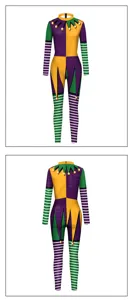 Detail view of the Mardi Gras jester printed bodysuit featuring purple, green and gold stripes.