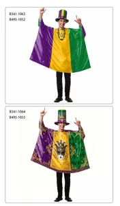 Vista dettagliata del poncho di carnevale e del cappello abbinato in viola, oro e verde.