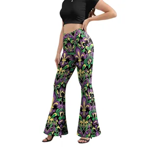 Pantalon Évasé Femme Taille Haute Imprimé Fleur de Lys Carnaval Slim Extensible