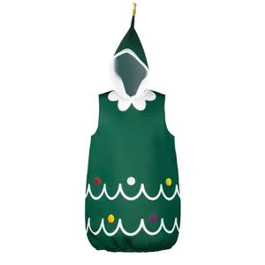 Kerstboom kostuum grappige feest jumpsuit met capuchon en kleurrijke pompons voor het gezin.