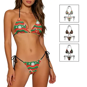 Women Christmas Holiday Printed Bikini Set Halter Triangle Top And Bottom Snowflake Stripe Ginger Man Swimwear For Beach Party