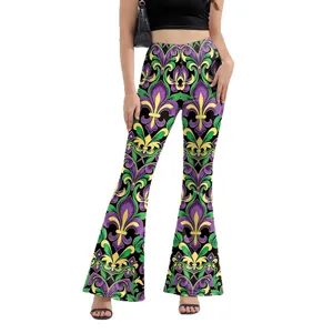 Pantalon patte d'eph taille haute femme avec imprimé 3D lys Mardi Gras vue face.