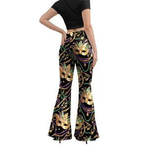 High waist flare pants featuring digital print Mardi Gras masks and music notes design for women.