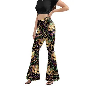 Mardi Gras party high waist flare pants with digital print mask pattern, slim fit style.