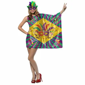 Mantello costume festa di carnevale con stampa digitale di piume e maschere viola oro.
