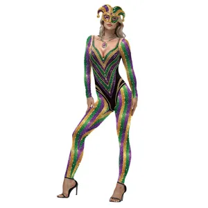 Mardi Gras Carnival purple green gold stripe print bodysuit costume for women party outfit