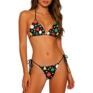 Christmas holiday snowflake ornament print halter string bikini two-piece women swimwear.