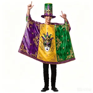 Set costume di carnevale Mardi Gras con mantella viola verde dorata e cappello alto abbinato.