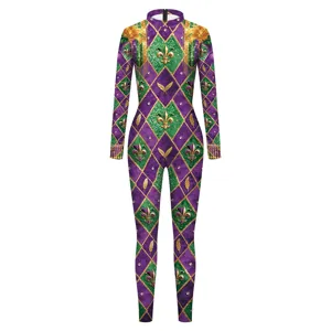Mardi Gras Purple Green Gold Argyle Print Jumpsuit Carnival Party Bodysuit Costume