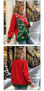 Christmas sweater detail featuring a festive tree design, cozy knit fabric for winter parties.