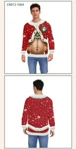 Men's funny Christmas 3D printed hairy belly ugly sweater novelty long sleeve crewneck top