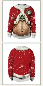 Christmas 3D ugly sweater humorous hairy belly print crewneck pullover top festive party
