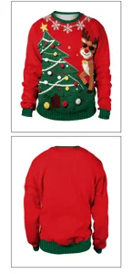 Christmas red crewneck long sleeve sweater featuring festive tree and reindeer graphic print.