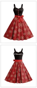 Robe trapèze rétro de Noël avec imprimé flocon de neige et ceinture à nœud pour femme.