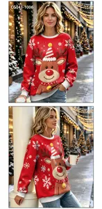 Christmas red reindeer sweater with snowflake knit pattern, cozy long sleeve festive top.