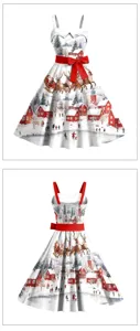 Détail de robe à imprimé numérique de Noël, scène de neige festive et beau nœud.