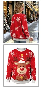 Detailed view of women's red Christmas sweater with festive reindeer and snowflake prints.
