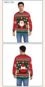 Men Christmas Santa print knit sweater detail view showing front and back design patterns.