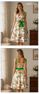 Robe Vintage de Noël à Bretelles Fines Femme Imprimé Numérique Nœud Robe Midi