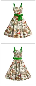 Détail robe vintage de Noël, imprimé village de neige festif, nœud de taille vert.