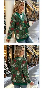Detailed view of the Christmas green cardigan featuring festive Santa prints on a winter street.