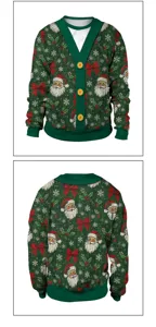 Christmas digital print long sleeve top, festive party wear featuring holiday motifs.